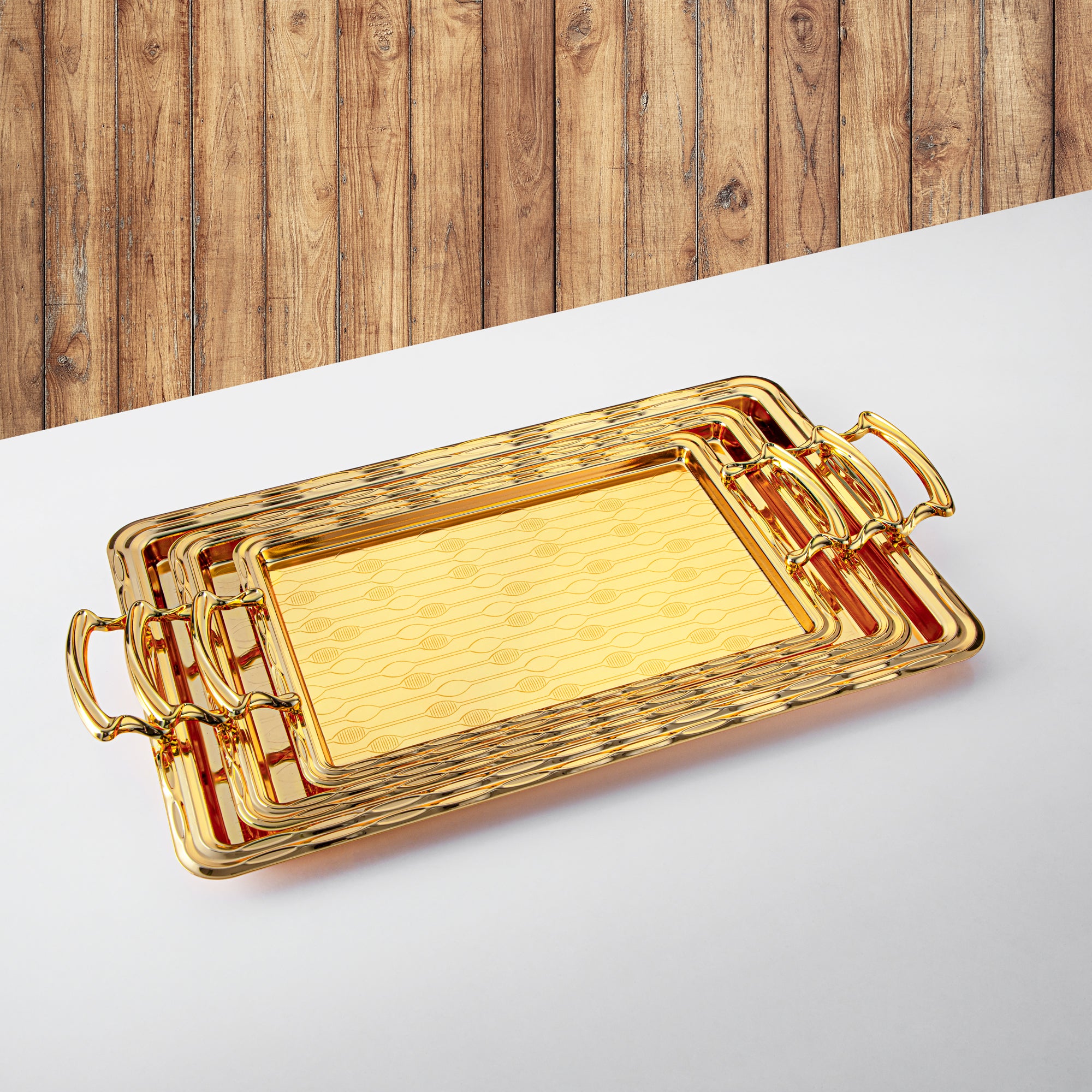 Almarjan Serving Tray Set - 3 Pieces, Golden (333XLLM-FG) | Ramadan & Special Occasions