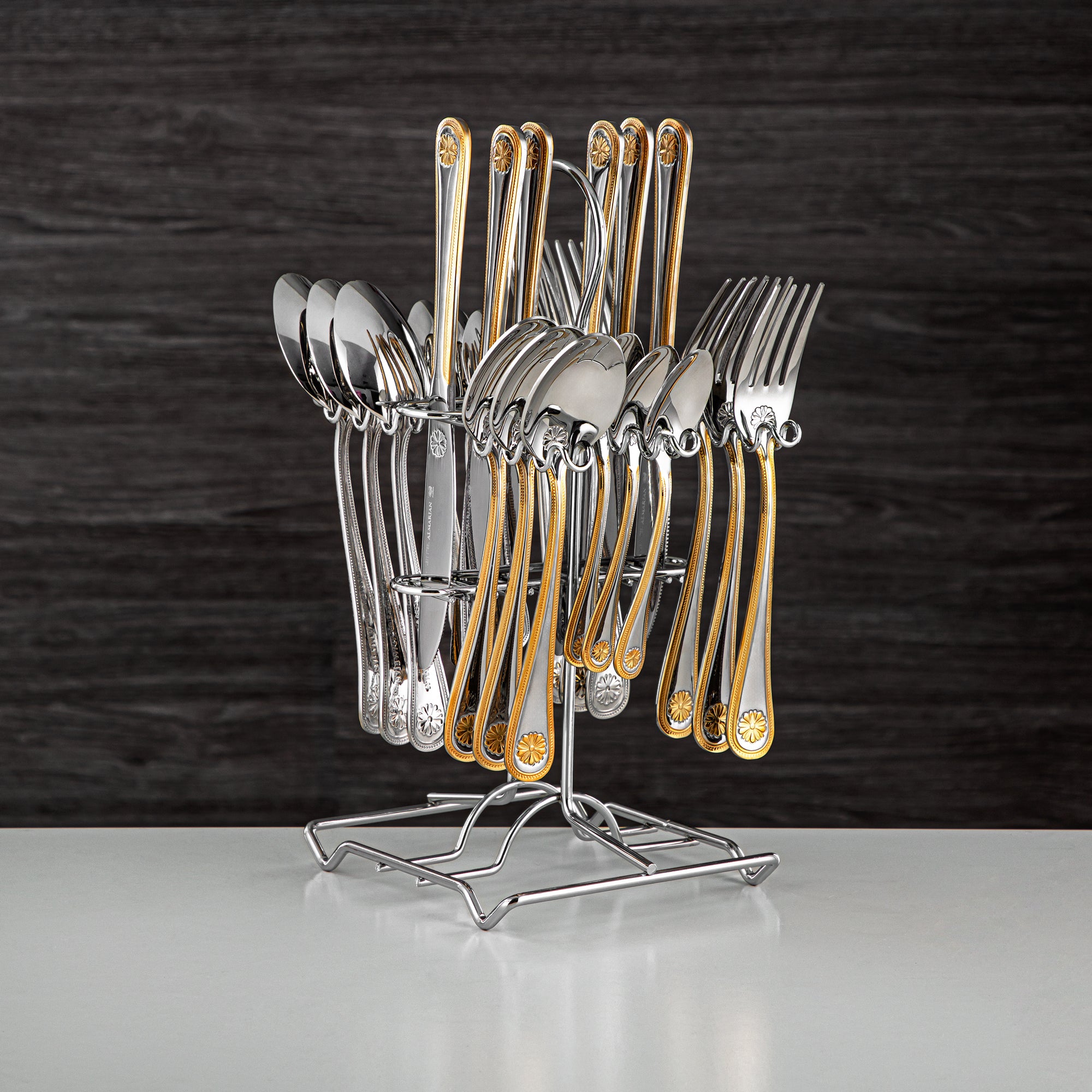 Almarjan Cutlery Set 24 Pieces, Stainless Steel, With Stand, Silver & Gold (CUT0010350) Elegant Cutlery Set