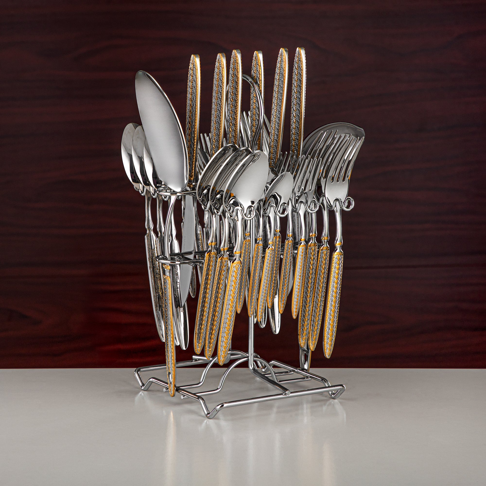 Almarjan Cutlery Set 32 Pieces, Stainless Steel, With Stand, Silver & Gold (CUT0010446) Elegant Cutlery Set