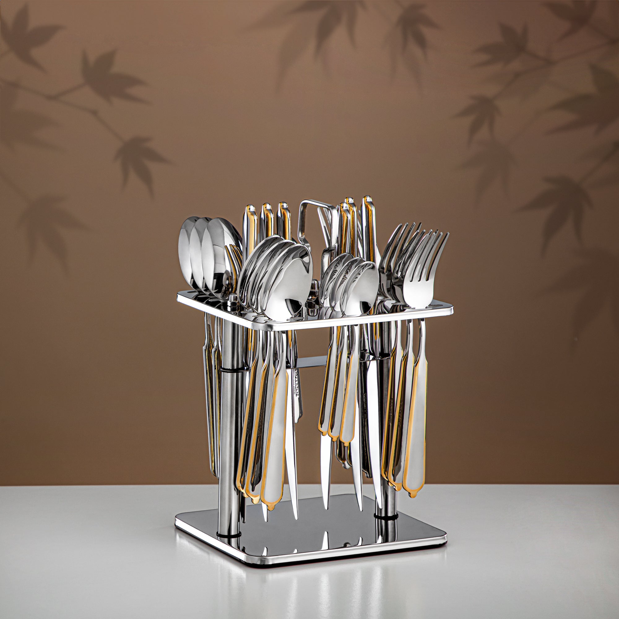 Almarjan 24-Piece Stainless Steel Cutlery Set with Stand – Mirror Finish, Silver & Gold CUT1620026