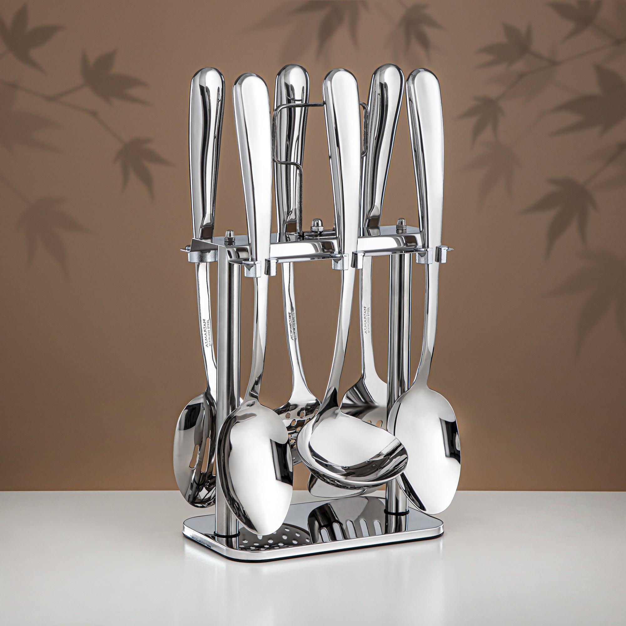 Almarjan Kitchen Tools Set 7 Pieces, Stainless Steel, with Stand, Silver (CUT1620077) - Elegant Serveware