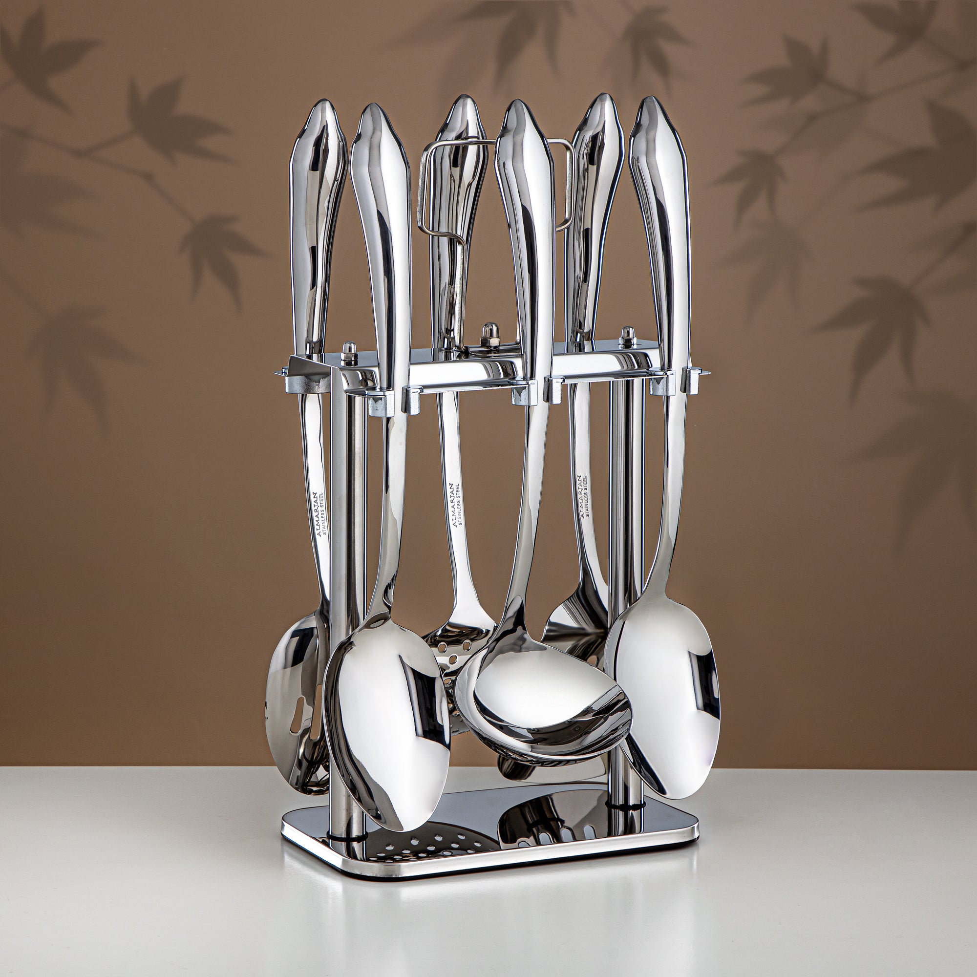 Almarjan Kitchen Tools Set 7 Pieces, Stainless Steel, with Stand, Silver (CUT1620083) - Elegant Serveware