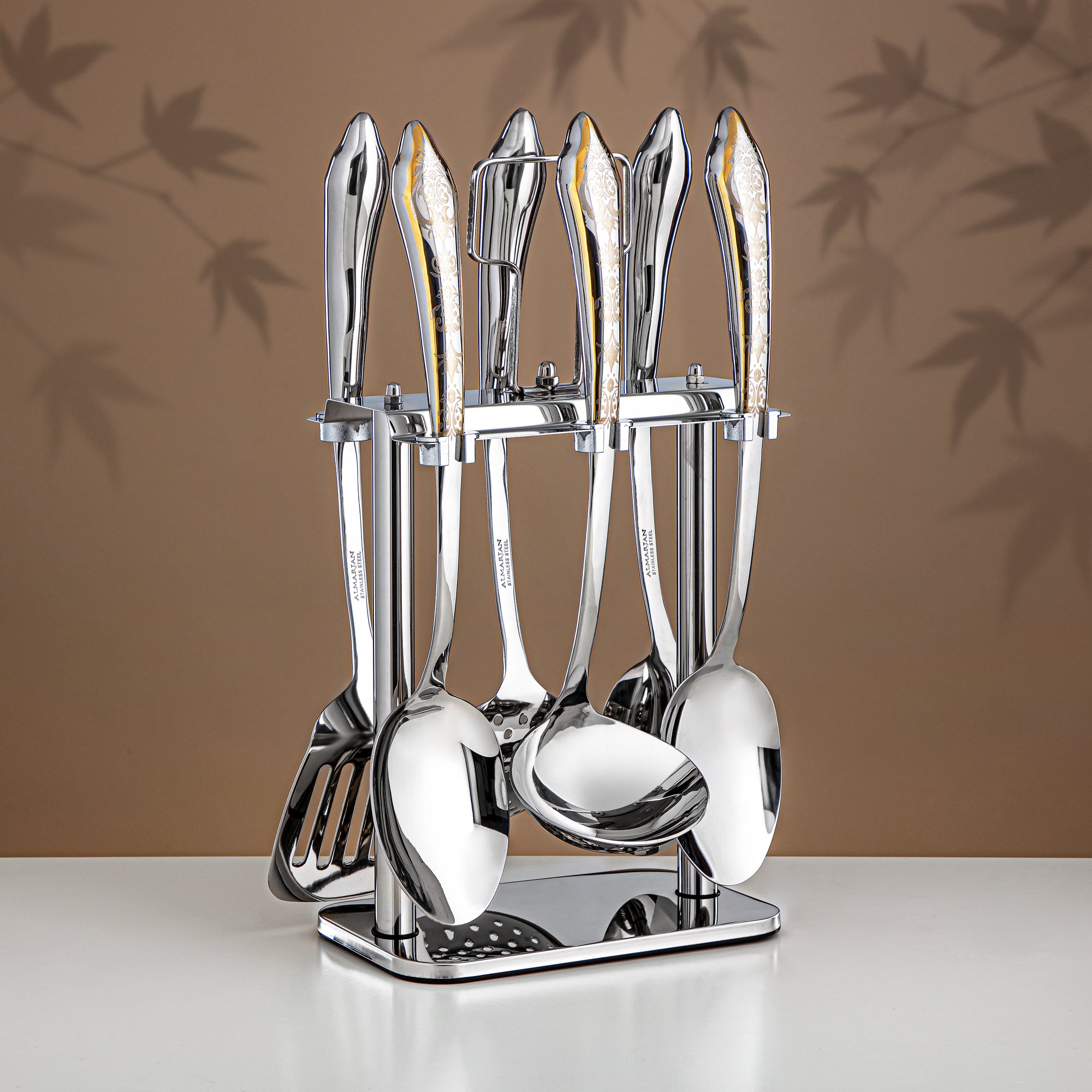 Almarjan Kitchen Tools Set 7 Pieces, Stainless Steel, with Stand, Silver & Gold (CUT1620085) - Elegant Serveware