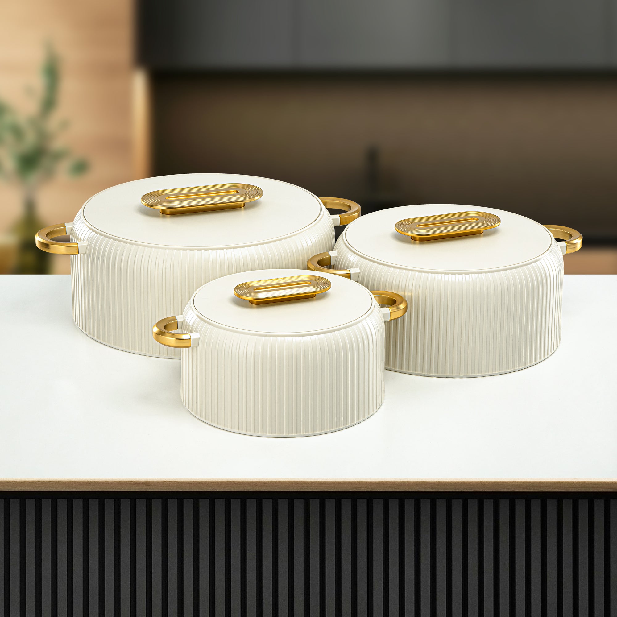 Almarjan Hot Pot Plastic, Set of 3 Pieces, Ivory & Gold, 2000ML + 4000ML + 6500ML (EK-200/400/650 MIV/MG) Ramadan Serveware