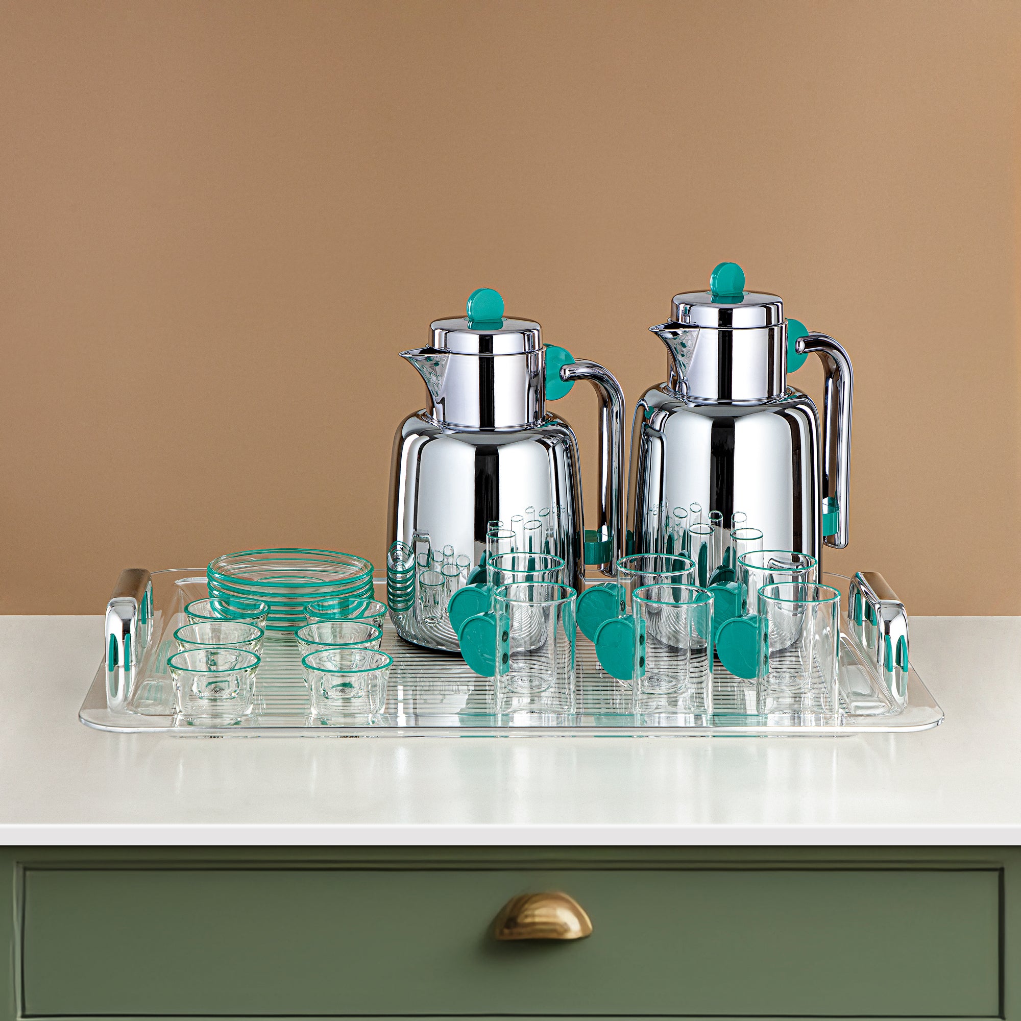 Almarjan Vacuum Flask Set 21 Pieces - 0.7L + 1.0L, Silver & Tiffany Green (FB808-21 TF/C) - Elegant Serveware for Gatherings