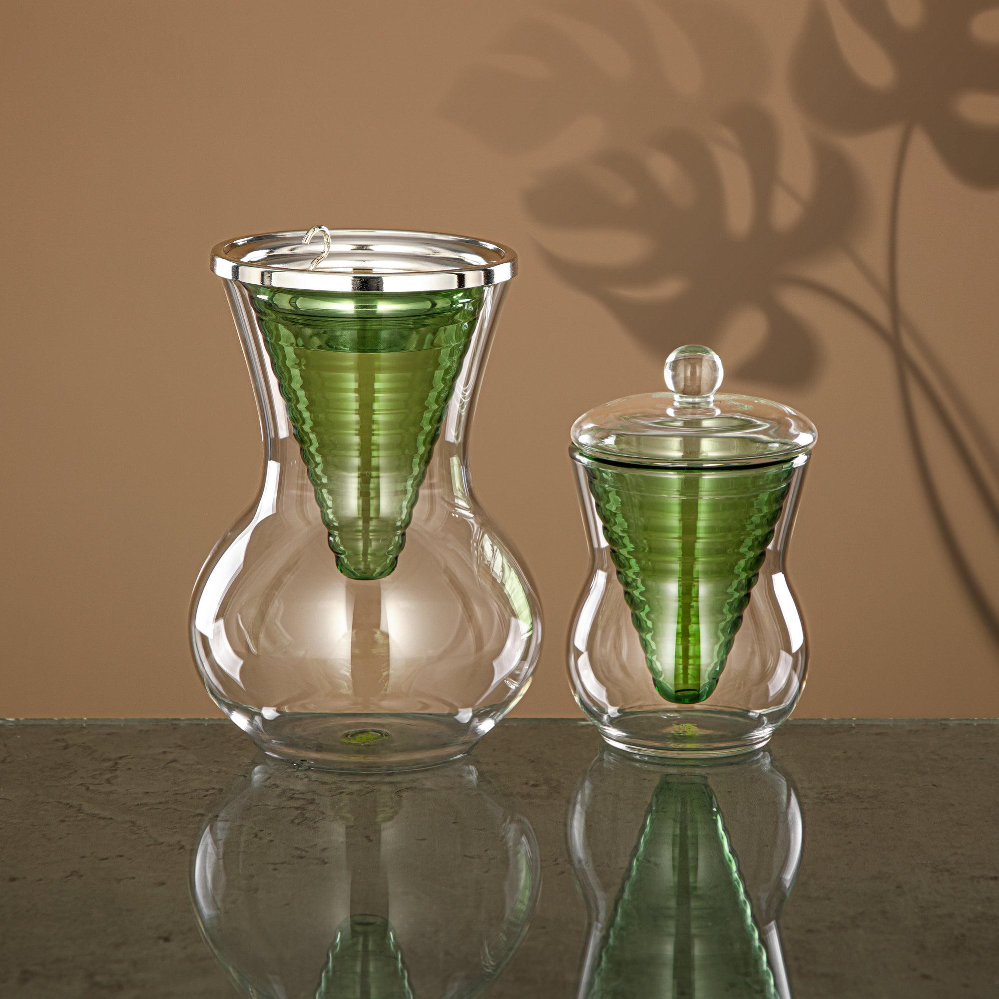 Almarjan Incense Burner Set 2 Pieces, Borosilicate Glass, Clear & Green (GLS0010166) - Oud Burner