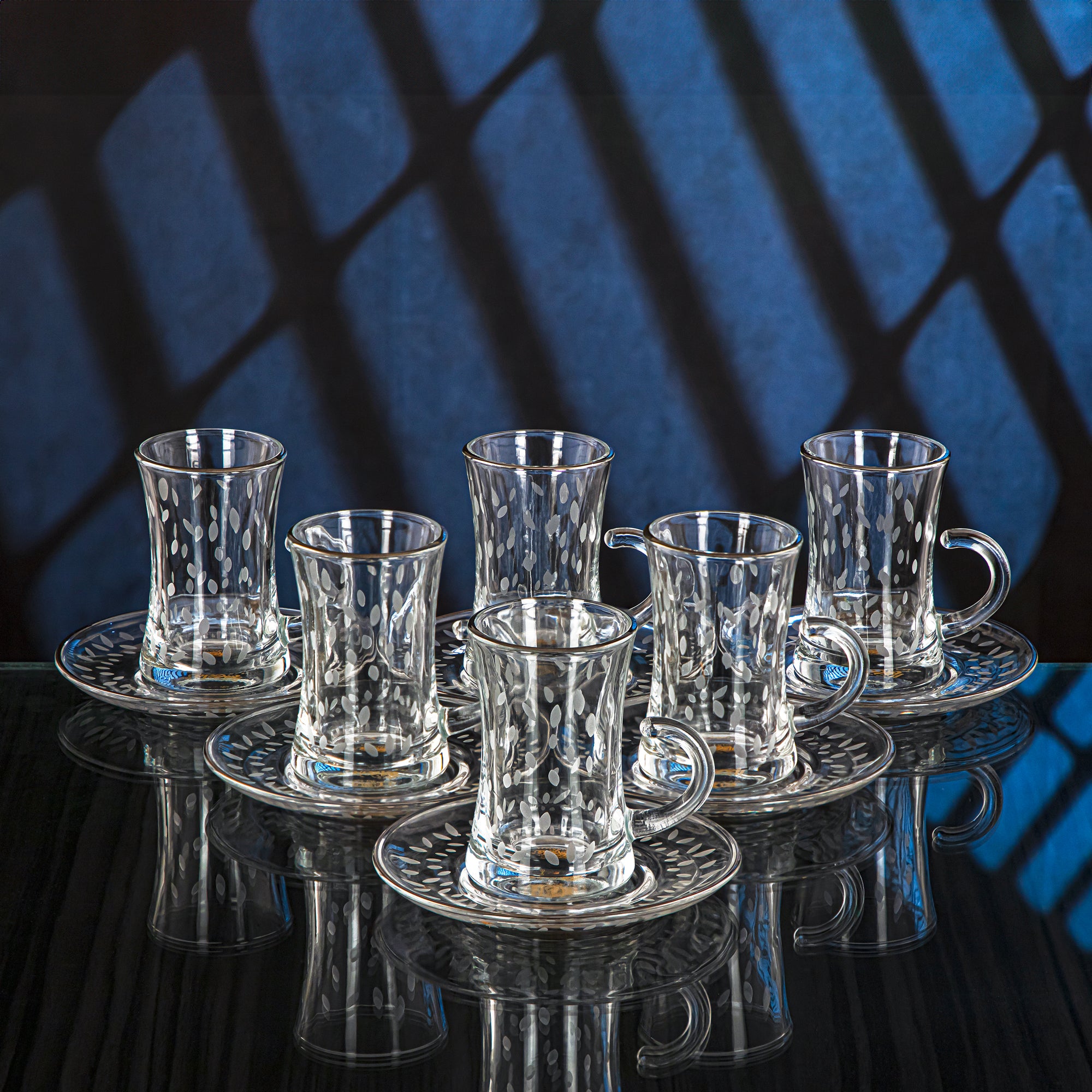 Almarjan 18 Pieces Leaf Collection Glass Tea & Coffee Set With Silver Rim - GLS2630027