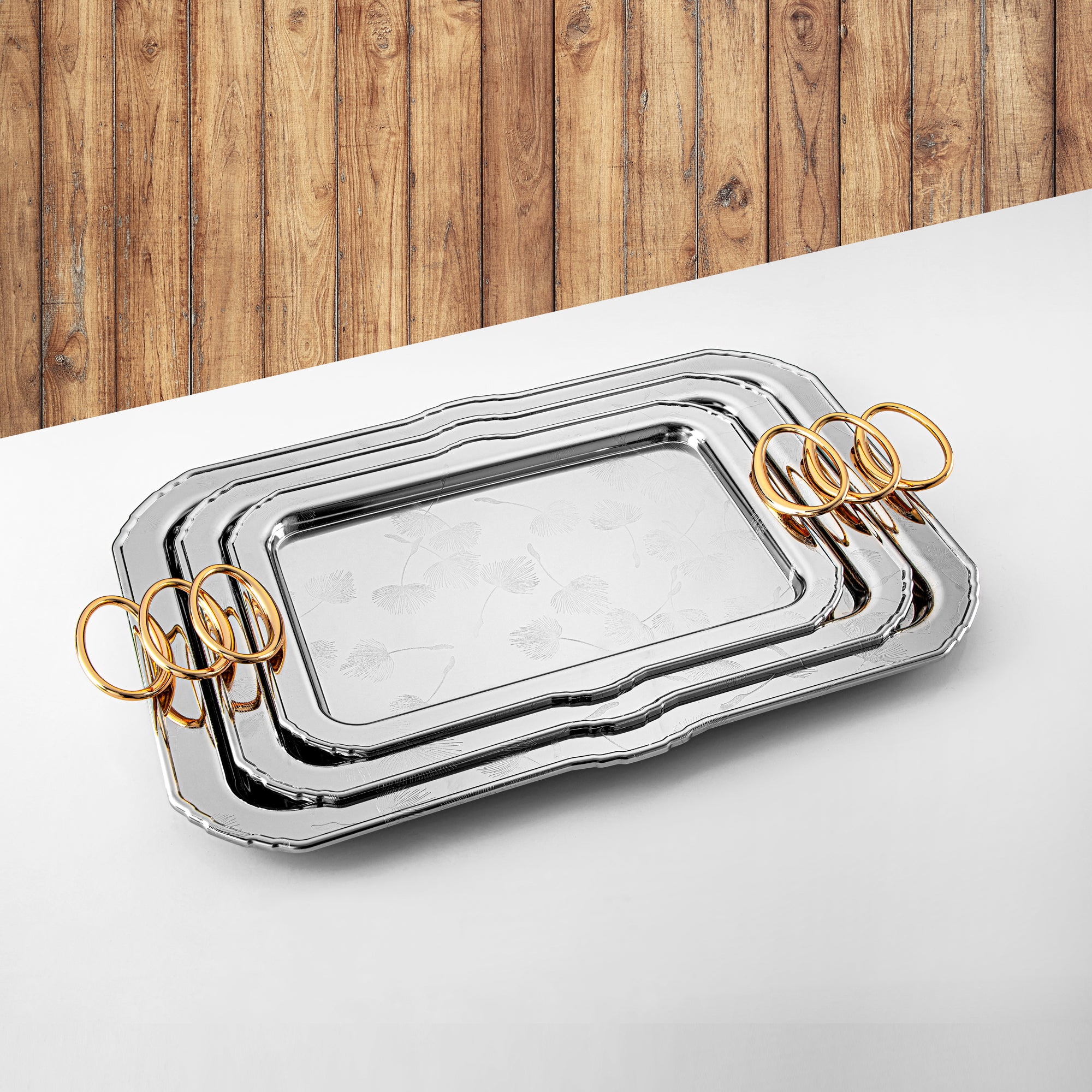 Almarjan Serving Tray Set - 3 Pieces, Silver & Gold (HT2408002) | Ramadan & Eid