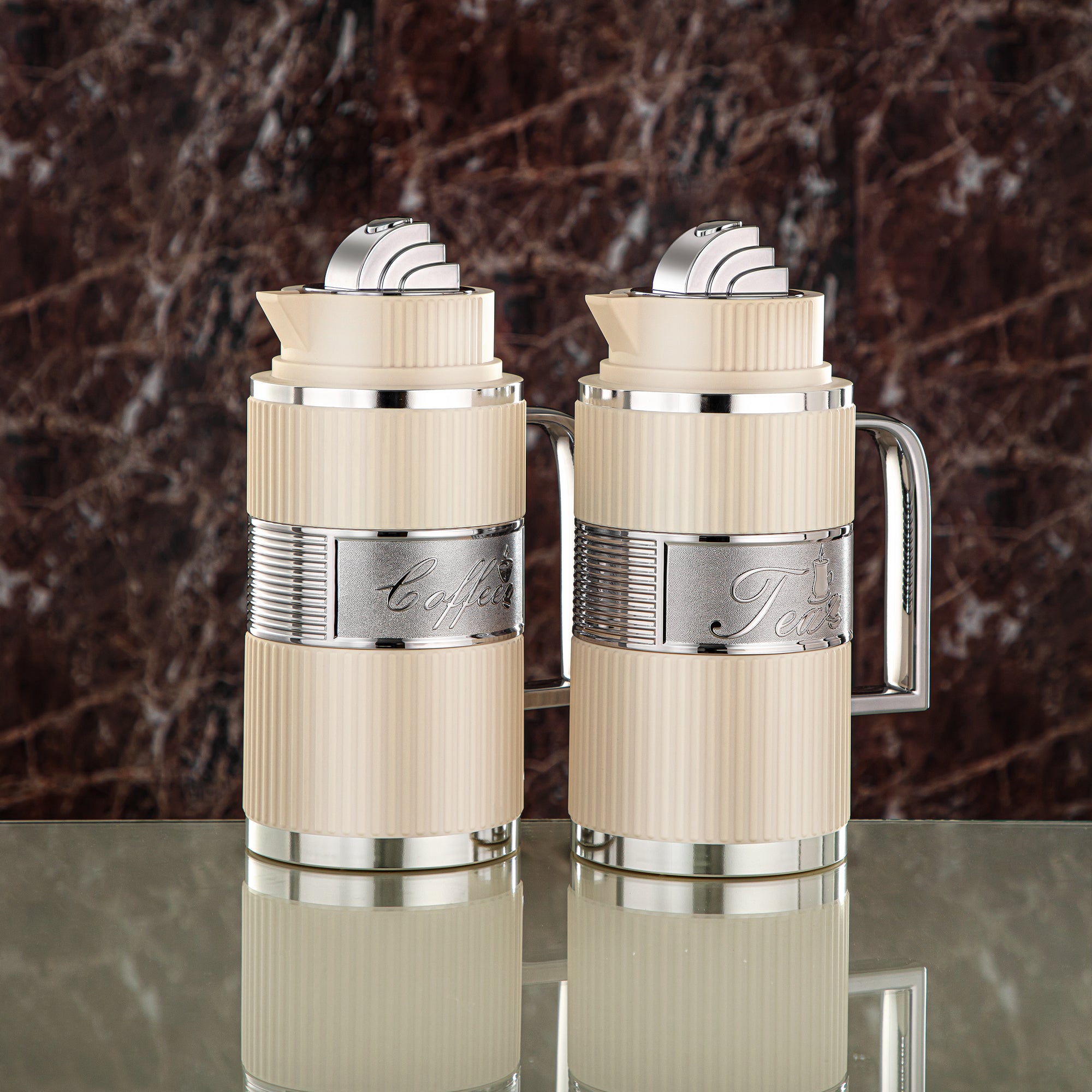 Almarjan Vacuum Flask Set, ABS, Push Button - 1L + 1L, Ivory & Silver (OUD-MIVYS) - Tea & Coffee