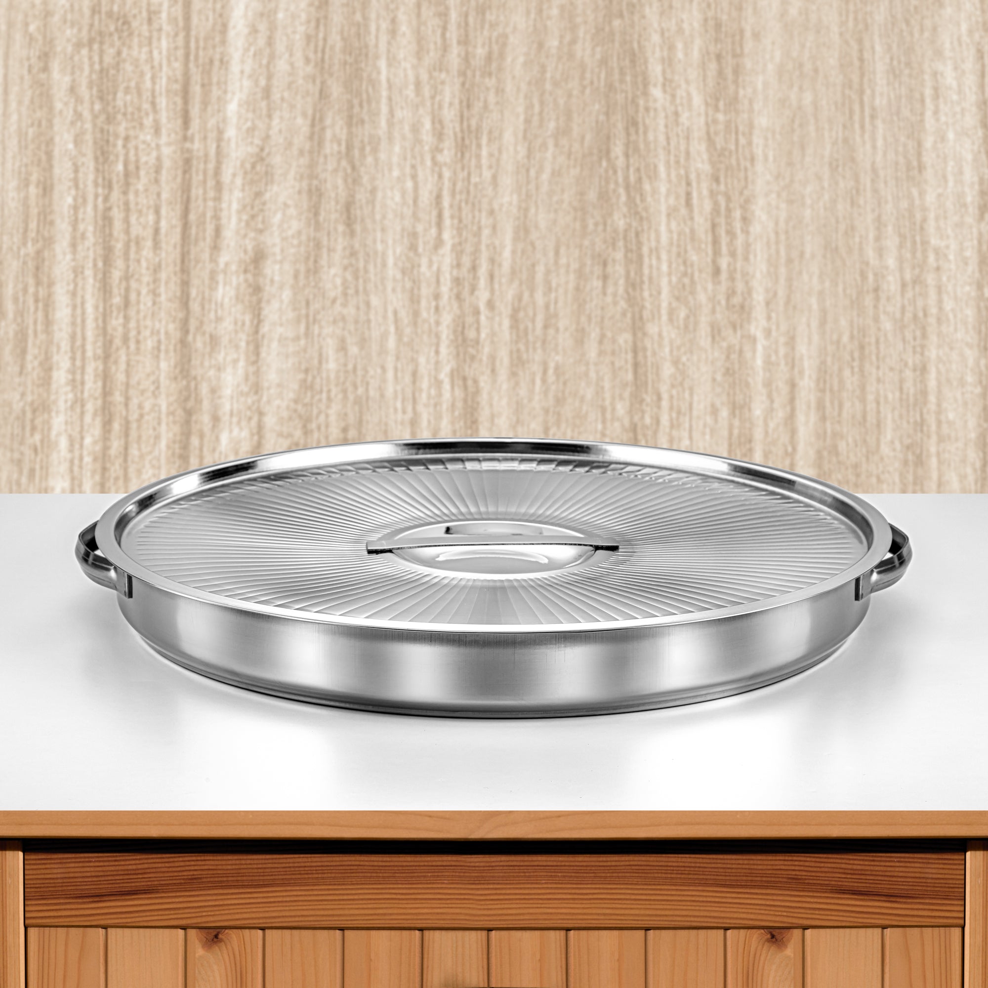 Almarjan 47 CM Lines Collection Stainless Steel Round Breakfast Tray - STS0200780