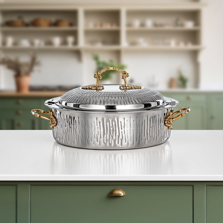 Almarjan Hot Pot Stainless Steel, Silver & Gold, Brass Handle 30CM (H25MG00) - Areej Collection, Ramadan & Eid