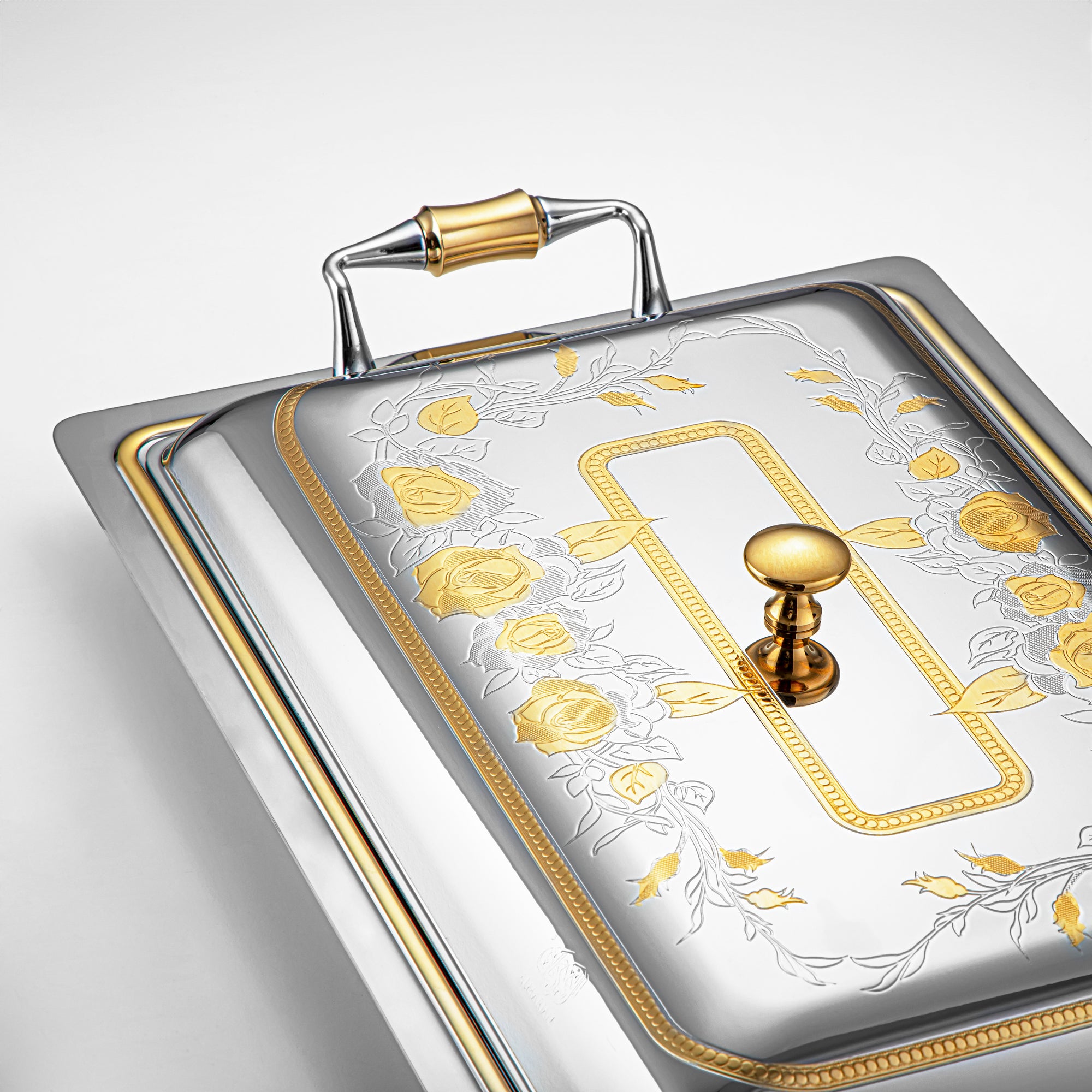 Almarjan 40 CM Lea Collection Stainless Steel Rectangle Serving Tray With Cover Silver & Gold - STS2051260