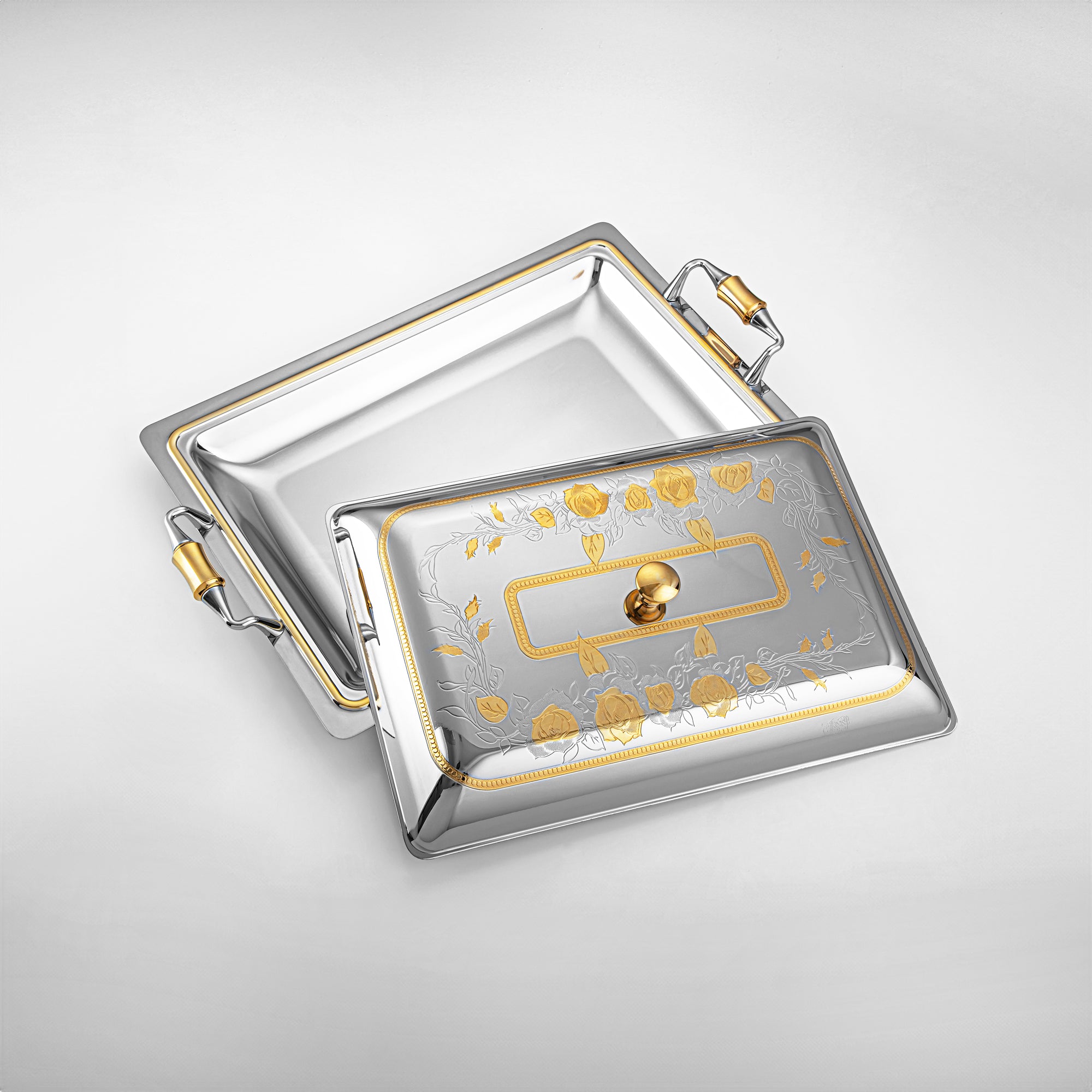 Almarjan 40 CM Lea Collection Stainless Steel Rectangle Serving Tray With Cover Silver & Gold - STS2051260