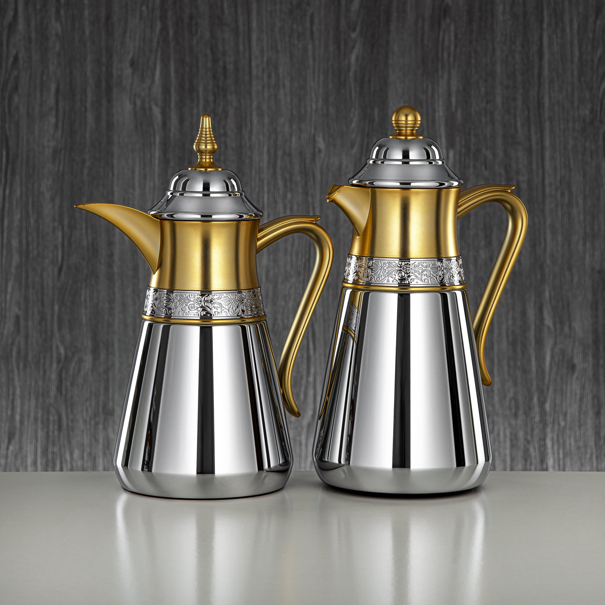 Almarjan Vacuum Flask Set, 0.7L + 1L, Silver & Matt Gold (UMC-A0700/B1000 CE22) - Classic & Elegant