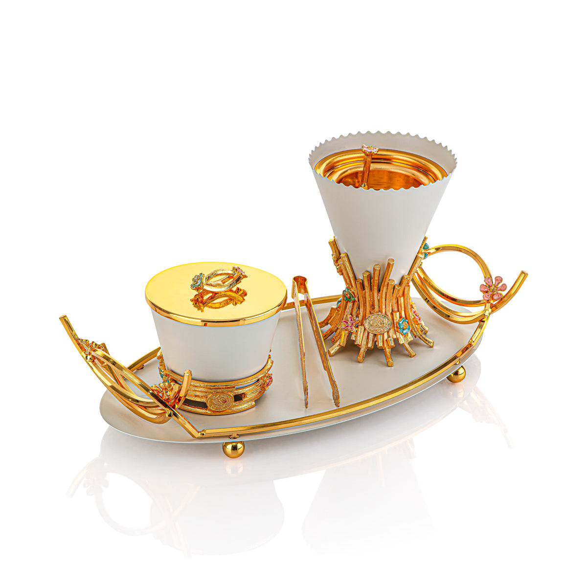 Almarjan 4 Pieces Sanabel Collection Incese Burner Set Matt White & Gold BKT-10M-MWG